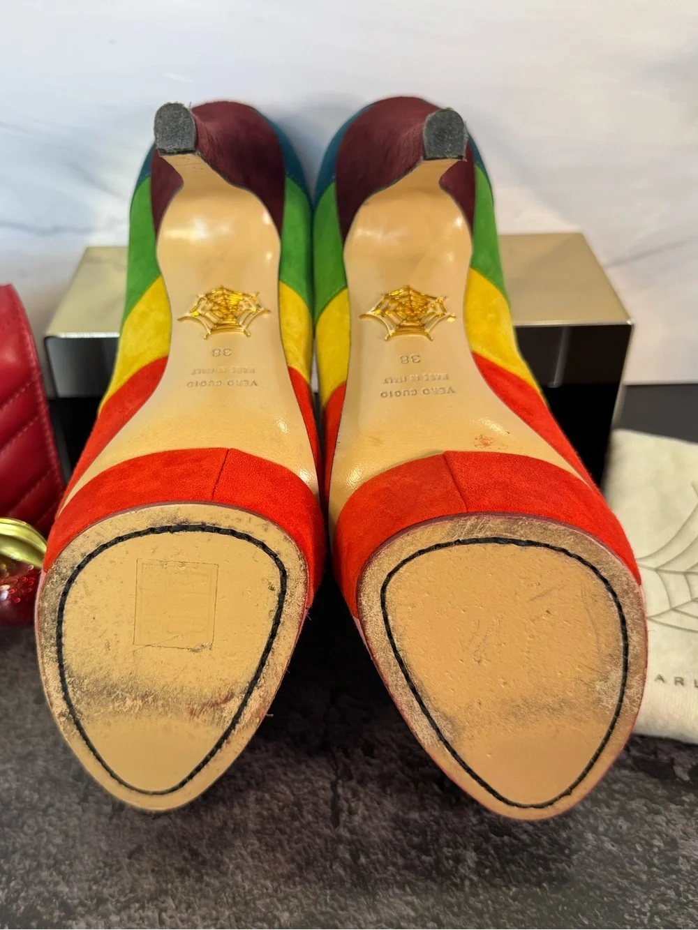 Charlotte Olympia Rainbow Suede Platform Pumps Heels, Size 38
